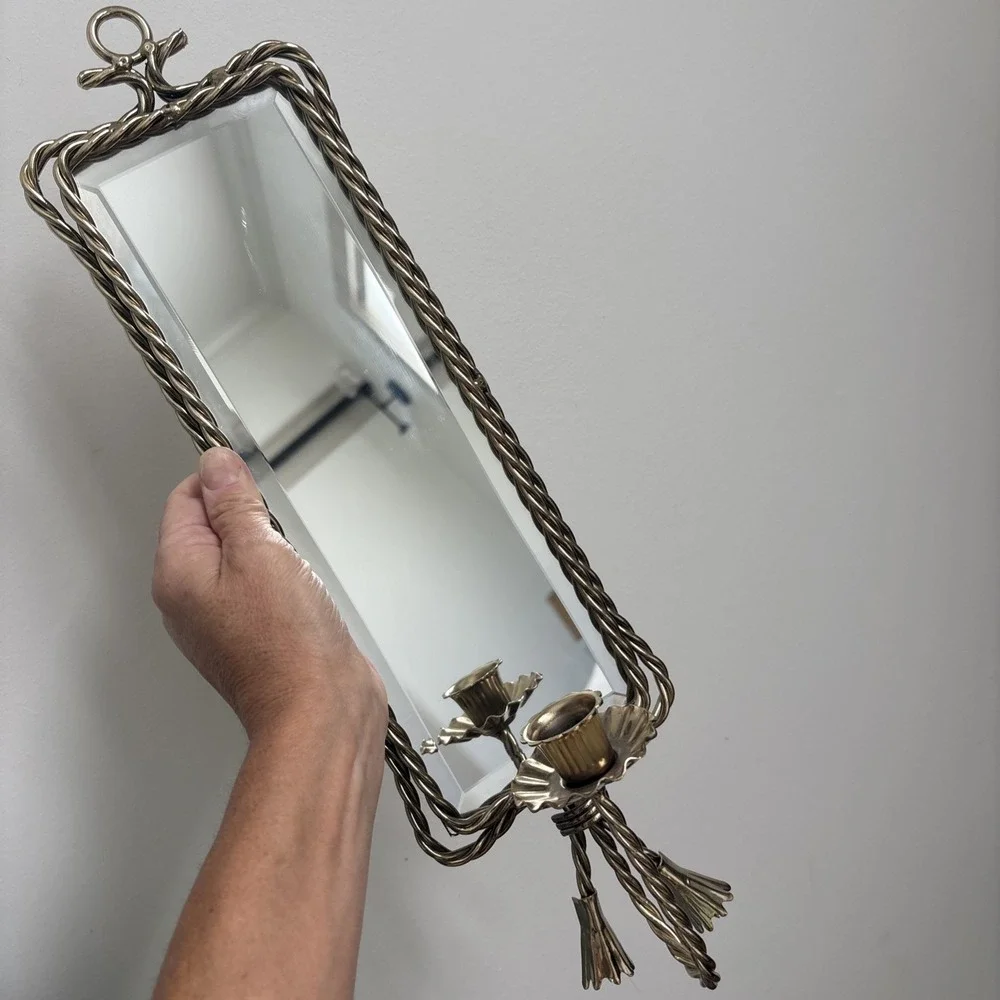 Vtg Hollywood Regency Brass Beveled Mirror Twisted Rope Wall Candle Sconce 17.5